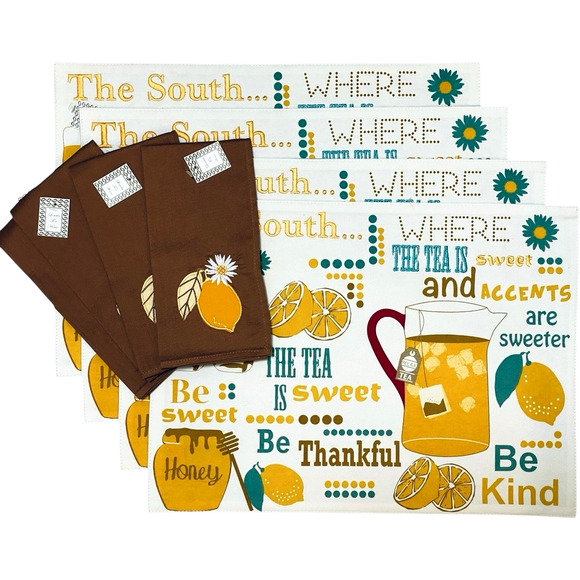 Set of 4 Placemats and Napkins Simply Southern Set SWEET TEA Lemons and Daisies - Picture 1 of 15